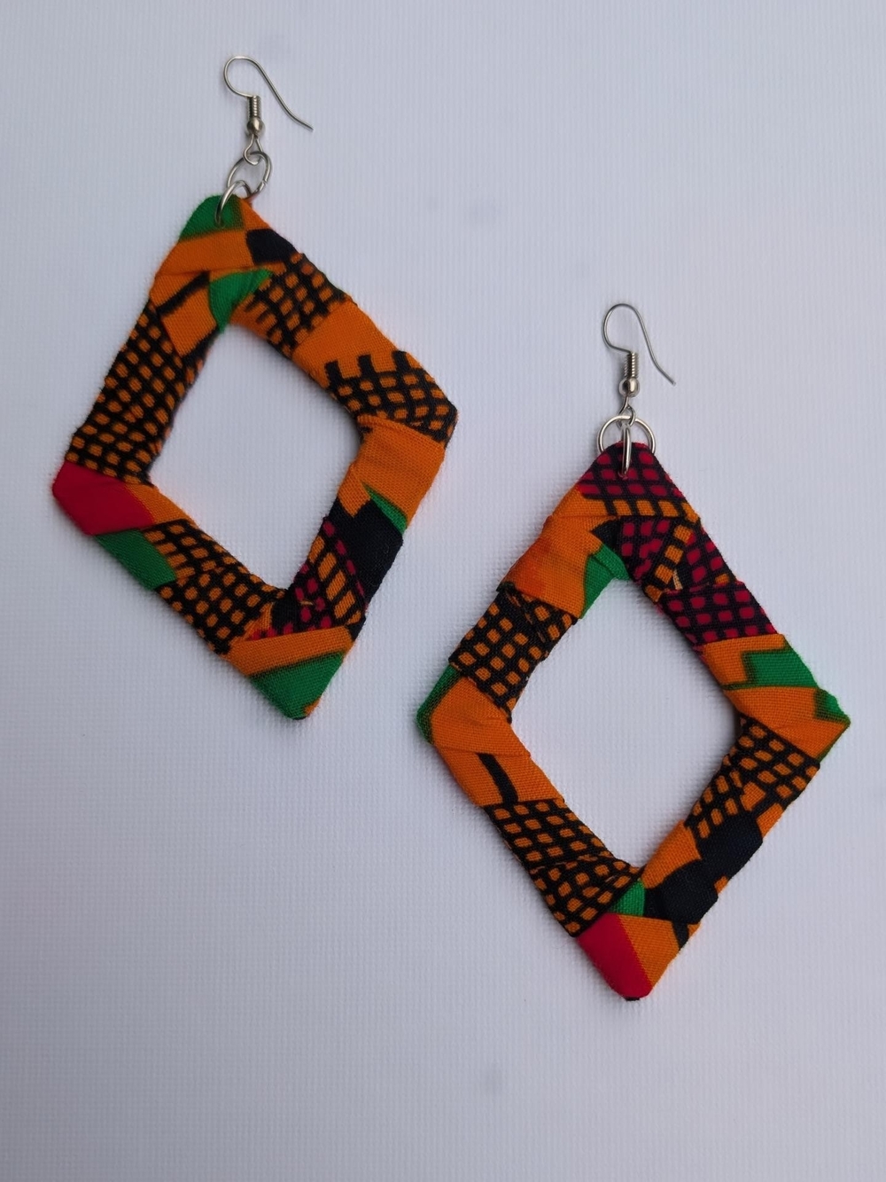 Handmade Orange Patterned Diamond Hoop Earrings - Women Jewelry